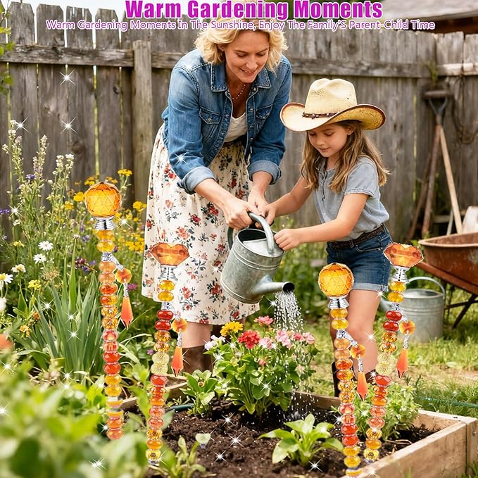 121 Pcs DIY Fairy Wand Beaded Garden Stakes Kit, Fairy Wands Garden Kit Orange Large Hole Bead with Pendants Crystal Stopper Top Threaded Rod Beaded Garden Stakes Supplies for Outdoor Decorative