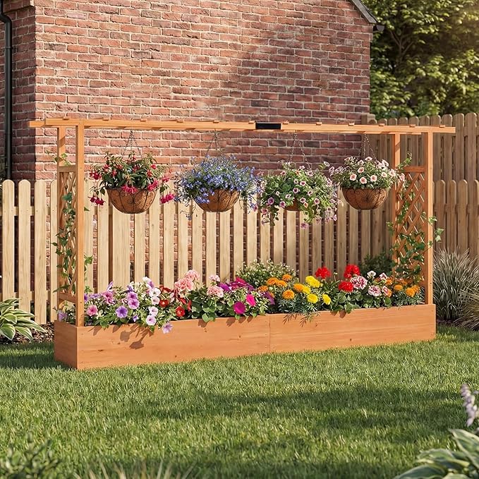 HAPPYGRILL Raised Garden Bed with Trellis, 2 Freestanding 45" Wood Planter Box w/Hanging Roof & 8 Drainage Holes for Climbing Plants Flowers, Outdoor Wood Elevated Garden Bed for Patio Yard,Orange
