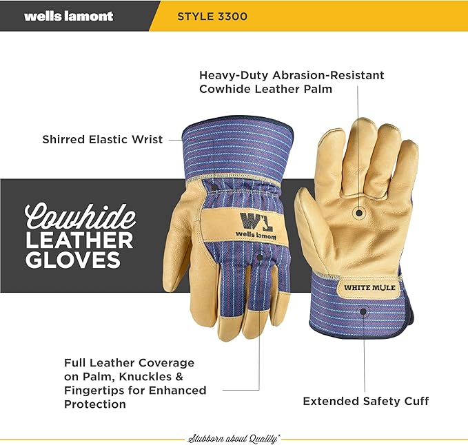 Wells Lamont Men's White Mule Heavy Duty Cowhide Leather Palm Work Gloves, Medium (3300M)