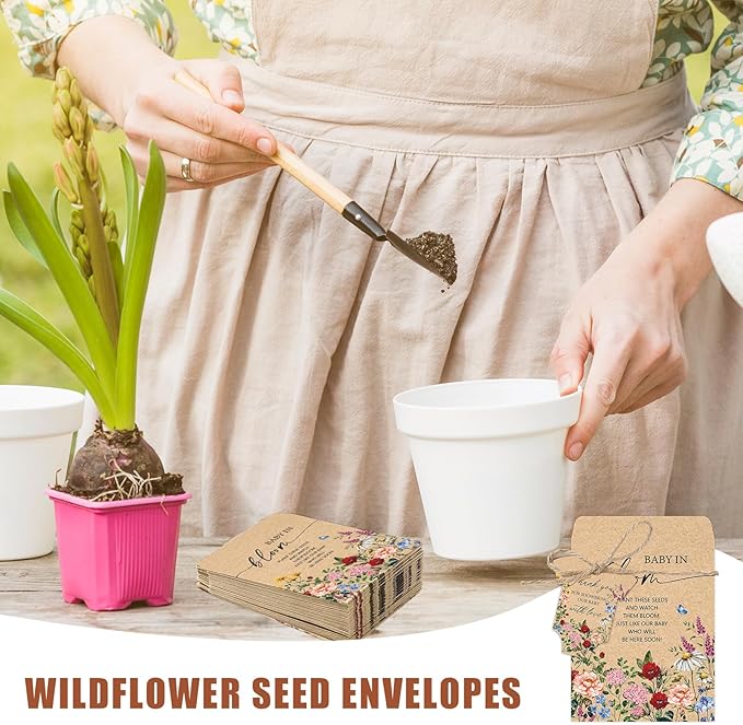 JarThenaAMCS 100Pcs Baby Shower Seed Packets Spring Wildflower Self Adhesive Kraft Envelopes with Thank You Tags Baby in Bloom Seed Storage Pockets for Garden Party Favors Supplies