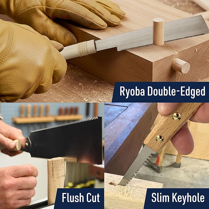 Kings County Tools Japanese Saw 3-Piece Set - 9.5" Ryoba, 6" Flush Cut, and 7" Detail Trim Hand Saw Set with Carbon Steel Blades - Woodworking Tools for DIY Carpentry or Garden Trimming