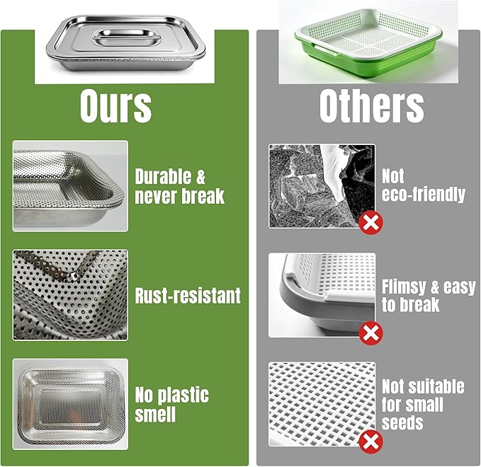 2 Pack Stainless Steel Seed Sprouter Trays, 2-Tier Soil-Free Microgreens Growing Kit, Sprouting Tray with Cover Lids & Mesh Pads for Sprouts Beans Alfalfa Wheatgrass