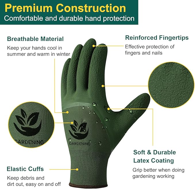 Trifabricy Garden Gloves for Women/Men - 6 Pairs Latex Gardening Gloves with Grip, Protective Work Gloves for Lawn Yard