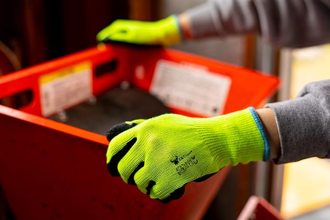 G & F 1516 6 Pairs Pack Premium High Visibility Low emissions Green Work and gardening Gloves for Men and Women.MicroFoam Textured Coated Palm and Fingers Gloves for Gardening Work,Size Medium,Green