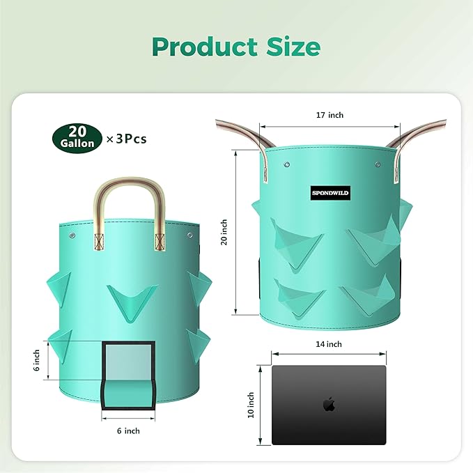 3 Pack 20 Gallon Strawberry Grow Bags, Heavy Duty Reusable PE Pots with Breathable Window, Branch & Drainage Holes, Reinforced Handles for Strawberries, Veggies, Flowers, Balcony/Patio Use
