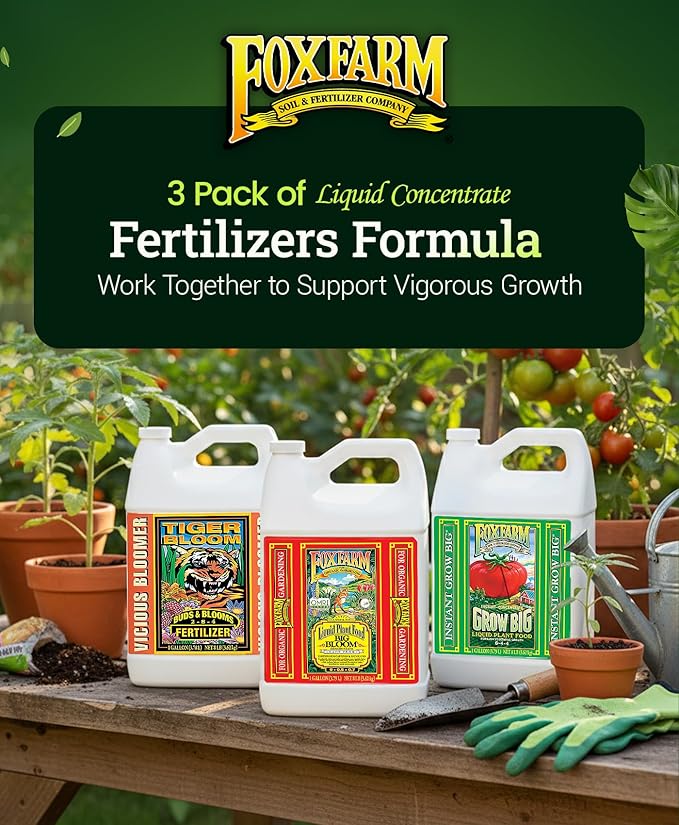 FoxFarm Soil Liquid Trio Pack - Big Bloom, Grow Big, Tiger Bloom Fertilizers for Vigorous Plant Growth, Bud Development & Abundant Fruit - Complete Liquid Plant Food Set - 3 Gallon Bottles