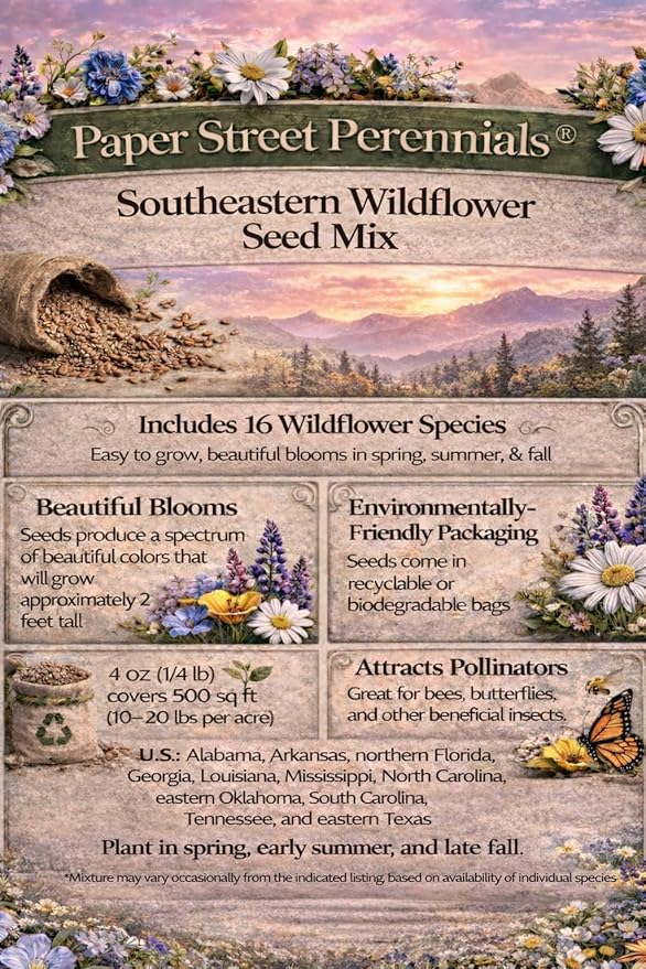 North Carolina Bulk Perennial Wildflower Seed Mix 1lb Covers 2,000sq-ft - Attract Pollinators, Multi-Color Blooms - Southeast US Species Plant in Spring/Fall, Earth-Friendly Packaging (1 Pound)