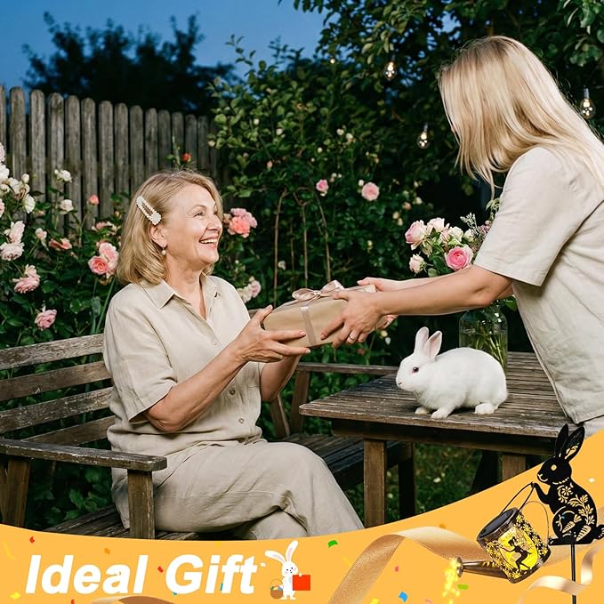 LOVERUIS Garden Statues Bunny with Solar Watering Can Lights, Cute Outdoor Bunny Figurines Garden Decor for Patio Yard Lawn Ornaments, Unique Gift for Women Mom