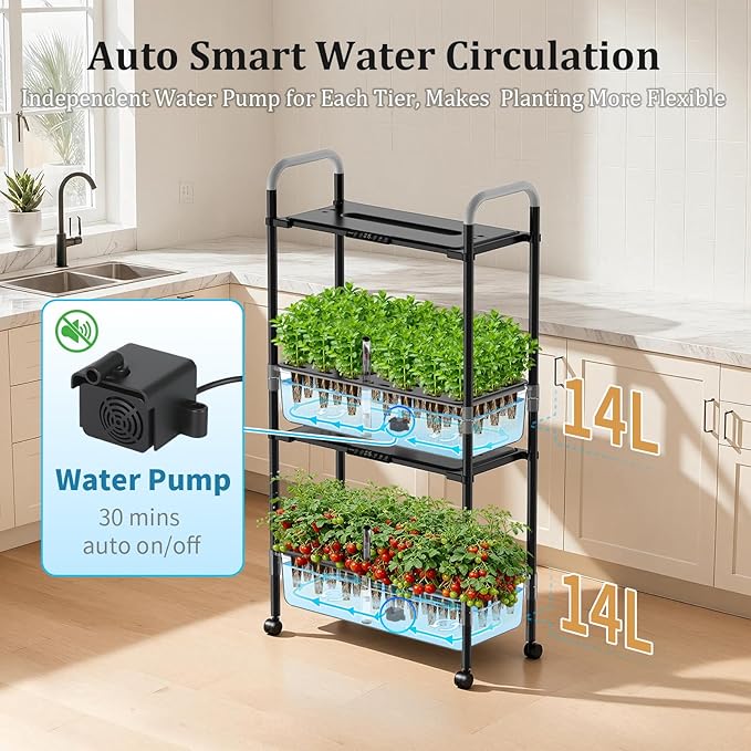 Hydroponics Growing System Kit, 54 Pods Vertical Indoor Herb Garden with Smart LED Grow Light, Auto Circulating Water Pump Each Tier, 28L Hydroponic Gardening Systems for Ideal Gifts (Black)