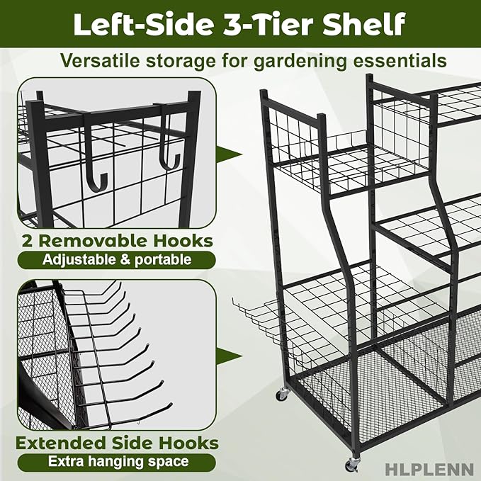 Garden Tool Organizer, Garden Tool Organizer Stand with Lockable Wheels, Metal Yard Tool Storage Rack for Long Handled Tools, Shovels & Rakes, Rustproof Tool Holder for Shed or Basement