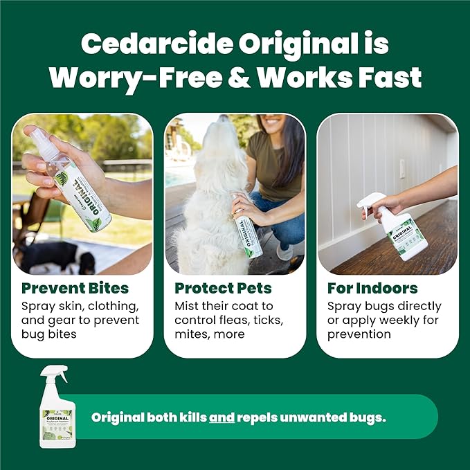 Cedarcide Original Bug Spray | Repel & Kill Fleas, Ticks, Mosquitoes, Mites, Ants & Chiggers | for use on People, Pets & Home | Natural Cedar Oil | Eco-Friendly | Pint (16 Oz.)