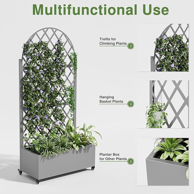 Casaphoria Metal Raised Garden Bed with Trellis and Wheels, 72"x35"x16" Arched Planter Box for Climbing Plants, Vegetables & Vines, Features Drainage Holes and Privacy Screen (Grey-Laurence)