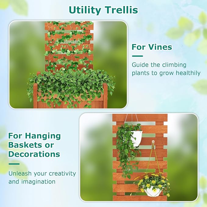 Giantex Wood Raised Garden Bed with Trellis, Outdoor Planter Box w/Open-Ended Base for Climbing Plants, 18'' Planting Depth Freestanding Privacy Planters Trellis Planter for Patio, Backyard