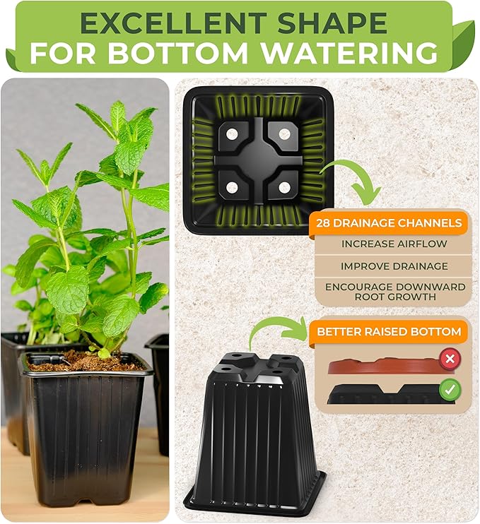 CARPATHEN 60Pack Square Nursery Pots - 3.5 Inch Seedling Plant Pot with Drainage Holes - Reusable Seed Starter Pots for Flowers, Vegetables, Greens - Includes 10 Plastic Reusable Tags