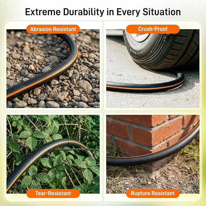 Garden Hose, 75ft 5/8" Heavy Duty Rubber Water Hose, 550 PSI Burst, 360° Anti-Kink Swivel Connectors, All-Weather Flexible, Leakproof 3/4" Brass Male to Female Fittings