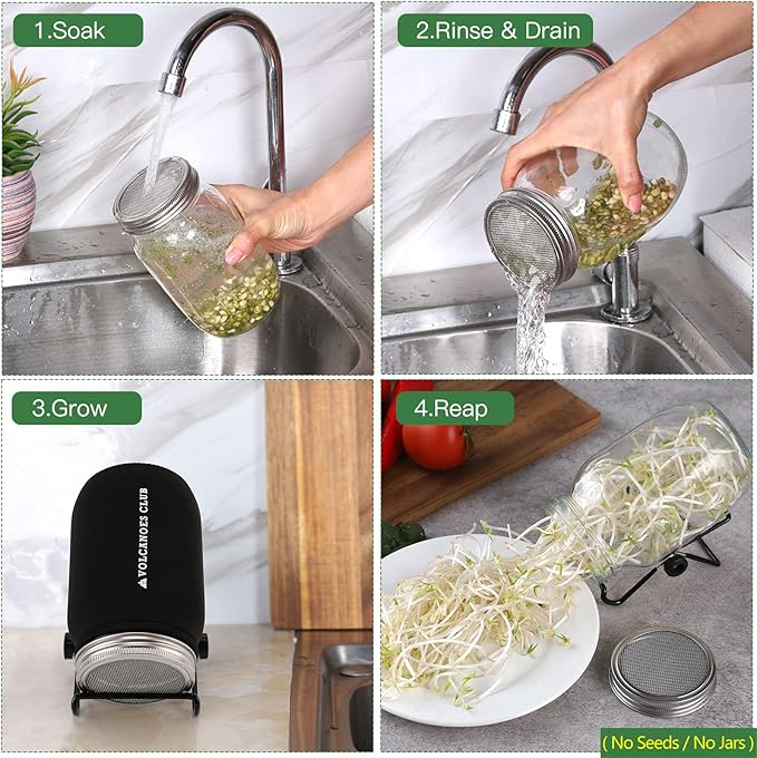 Seed Sprouting Jar Germination Kit Accessories - Blackout Sleeves/Jar Stands/Sprout Lids for Wide Mouth Mason Jar - for Growing Alfalfa, Broccoli, Bean Sprouts, Microgreens (4 Pack)