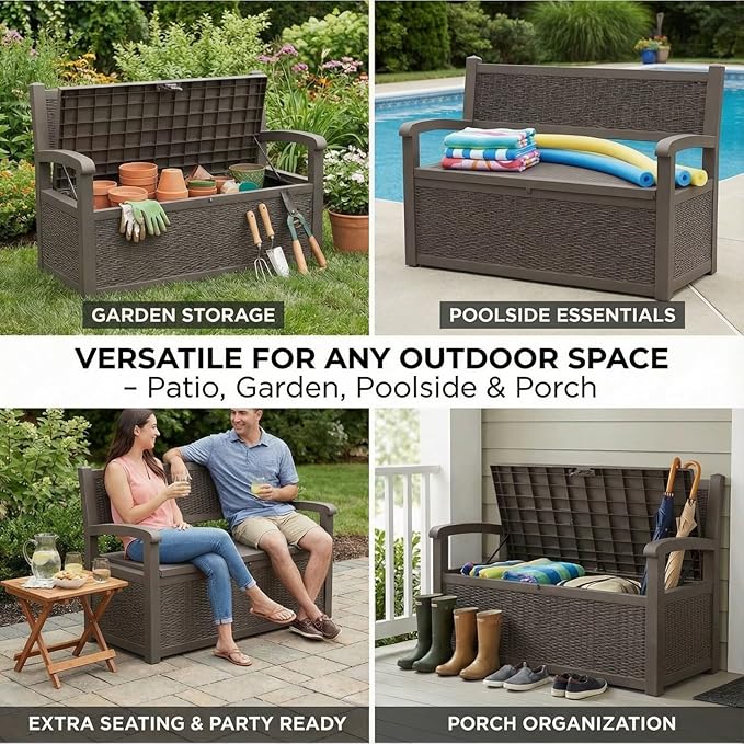 80 Gallon Outdoor Storage Bench, Waterproof Patio Deck Box with Lockable Lid for Garden & Porch, All-Weather Resin Furniture for Cushions, Tools, Pool Accessories