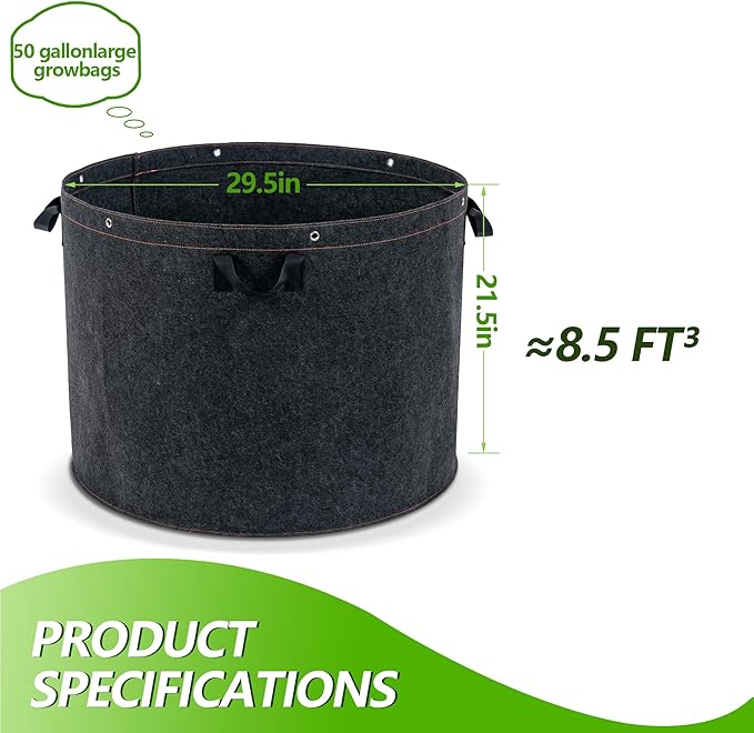 50 Gallon Grow Bags, 3-Pack Thickened Aeration Large Fabric Pots with Handles 29''×21'', Heavy Duty Planting Bags for Potato, vegetables, Flowers & Trees