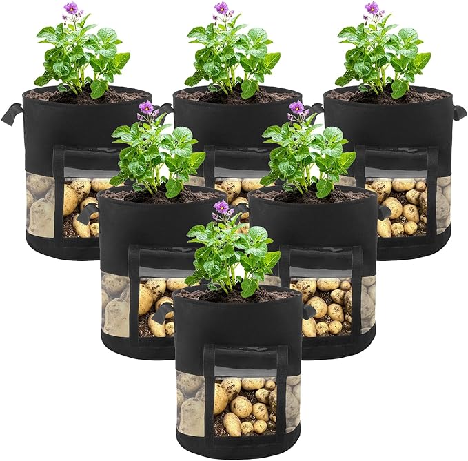 6 Pack 5 Gallon Visible Potato Grow Bags, Thickened Nonwoven Fabric Pots Potato Growing Containers with Handles & Visible Flap, Plant Grow Bags for Growing Potatoes, Tomatoes, Flowers, and Vegetables