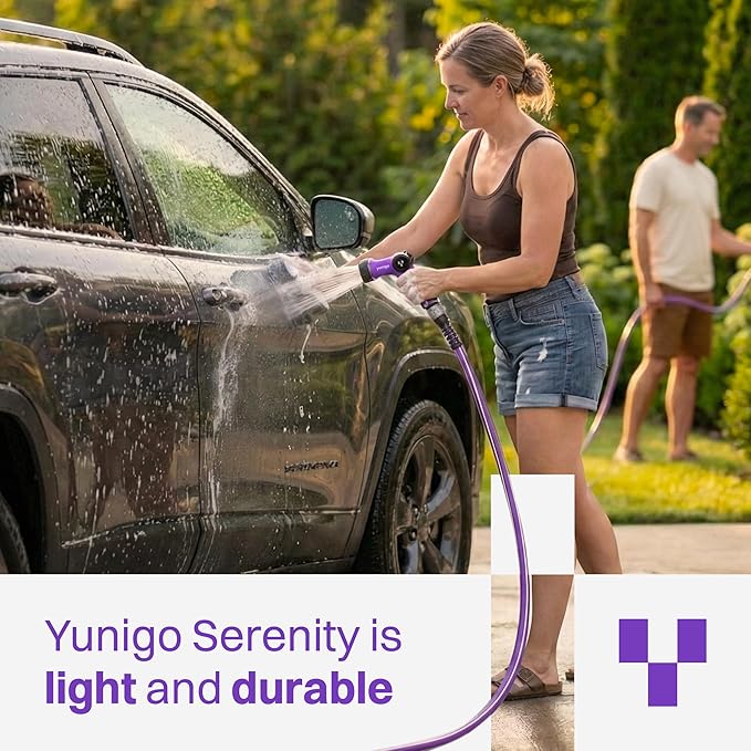 SERENITY 50ft Flat-to-Round Purple Garden Hose – Lightweight, No-Kink, Abrasion-Resistant TPV Hose with Durable Aluminum Fittings, Spray Nozzle & Hose Mender, Ideal for Home & Garden Watering