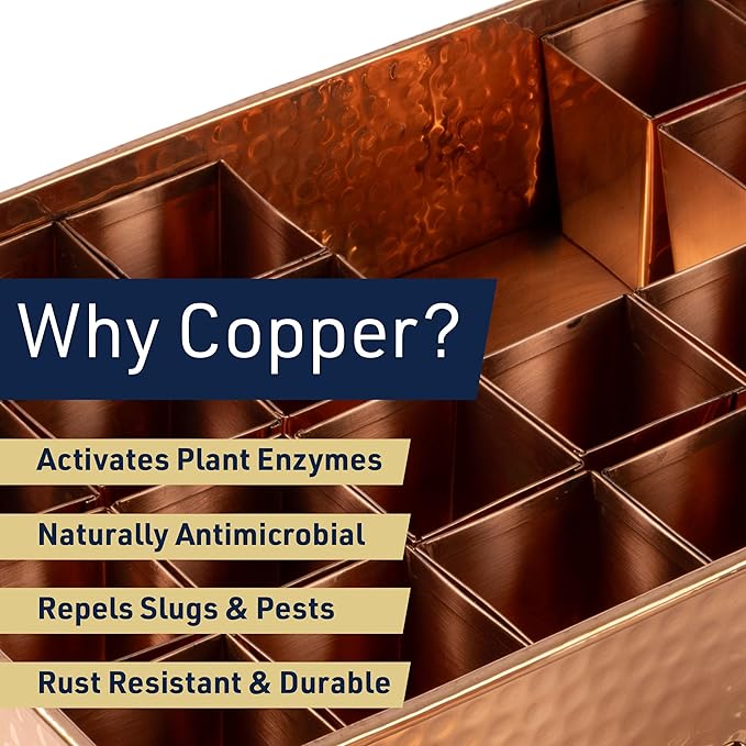 Kings County Tools Seed Starter Tray - Copper Metal Seedling Tray with 24 Tapered Plant Starter Pots for Planting Seeds-Germination Kit for Sprouting - Greenhouse Accessories and Gardening Gifts