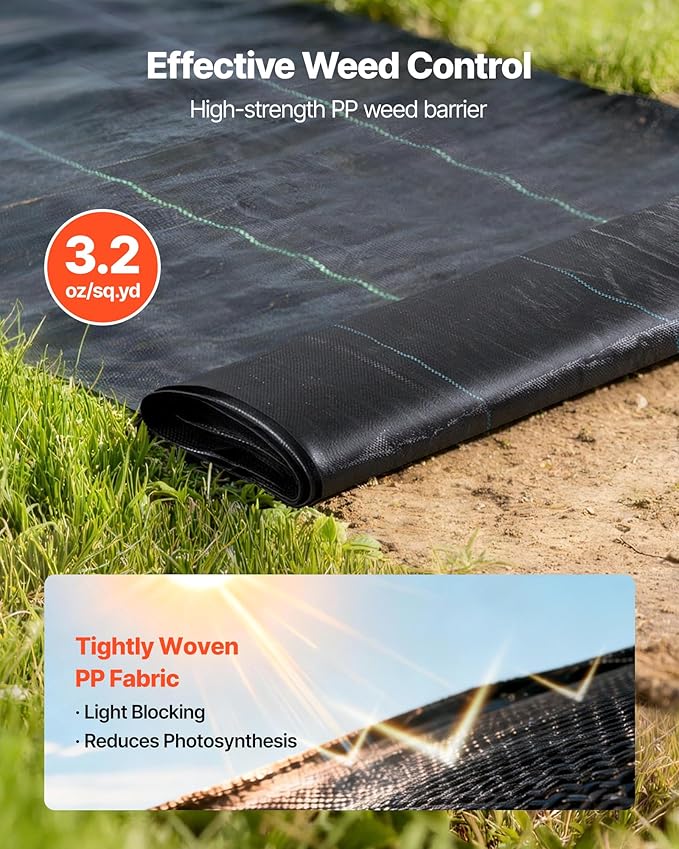 VEVOR Weed Barrier Fabric Heavy Duty, 2 Packs 3x50FT 3.2oz Weed Blocker Fabric, Woven Landscape Fabrics, Garden Fabrics Weeds Barrier, Weeds Control Ground Cover, Geotextile Webbing, Black