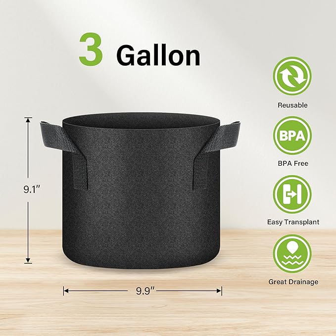 HealSmart Plant Grow Bags 3 Gallon, Tomoato Planter Pots 10-Pack with Handles, Aeration Nonwoven Fabric, Heavy Duty Gardening Planter for Vegetable, Herbs and Flowers, Black 2024 Version