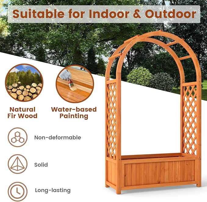 Giantex Set of 2 Raised Garden Bed with Arch Trellis, for Climbing Vine Flower Vegetable, Wood Planter Box with Liner & Drainage Design, Outdoor Plant Container for Yard Balcony (33"x14"x58")