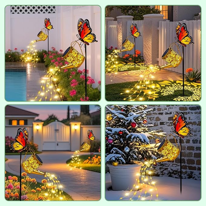 Solar Lights Outdoor Decorative, Watering Can with Cascading LED Lights on Butterfly Shepherd's Hook, Solar Garden Stake Decor for Yard, Mothers Day Gift for Women Mom