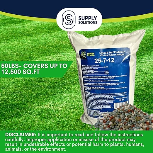 Supply Solutions 25-7-12 Lawn and Turf Fertilizer - 15% Slow Release Nitrogen Lawn Fertilizer for All Grass Types, Shrubs - Turf Builder Plant Food Covers 12,500 sq.ft (50lbs)