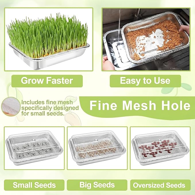 Stainless Steel Sprouts Growing Kit 2-Tier 10.4 inch Trays with Acrylic lid, Microgreens Growing Kit, Seed Sprouting Tray with Encrypted Mesh Sprouts for Beans Alfalfa