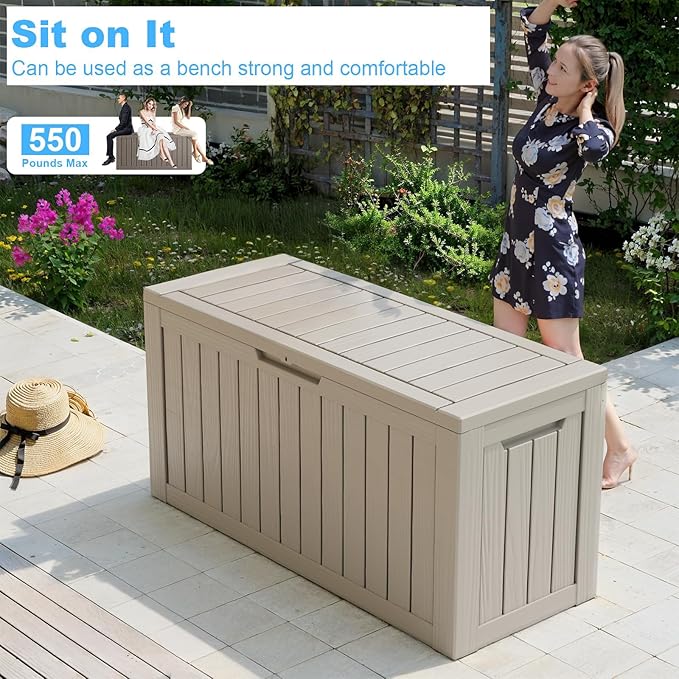 Vixzen 80 Gallon Resin Deck Box, Lockable Outdoor Storage Box for Patio Cushions Storage Furniture,Garden Tools, Pool Supplies, Weatherproof and UV Resistant（Grey，80 Gallon）