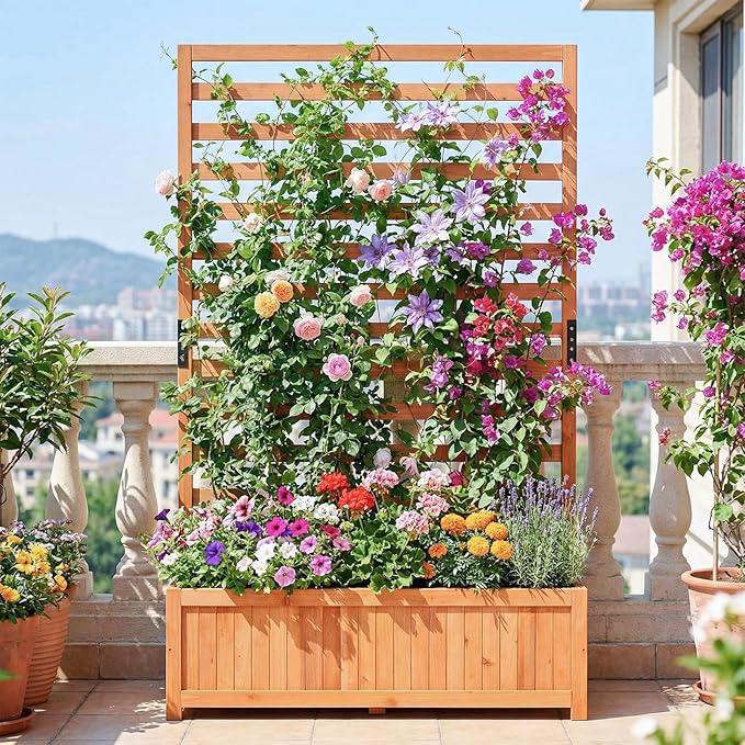 HAPPYGRILL Raised Garden Bed with Trellis, 59" Tall Wooden Elevated Planter Box w/Liner, Drainage, Detachable Base Panel for Climbing Plant Vine Flower, Outdoor Planter w/Trellis for Patio (2)