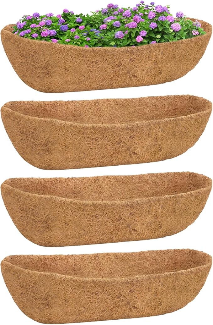 4 Pack 24 Inch Trough Coconut Liners for Planters- Natural Coco Liner Window Box Liners Replacement, Coconut Fiber Planter Liner for Outdoor Flower Planters, Deck Railings, Fence and Balcony