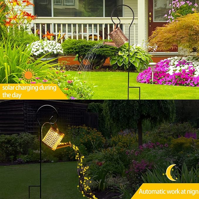 Solar Watering Can with Lights, Small Outdoor Lanterns Hanging Waterproof Garden Decor, Retro Metal Kettle Solar Light for Table Patio Yard Pathway Walkway (with Install String Light)