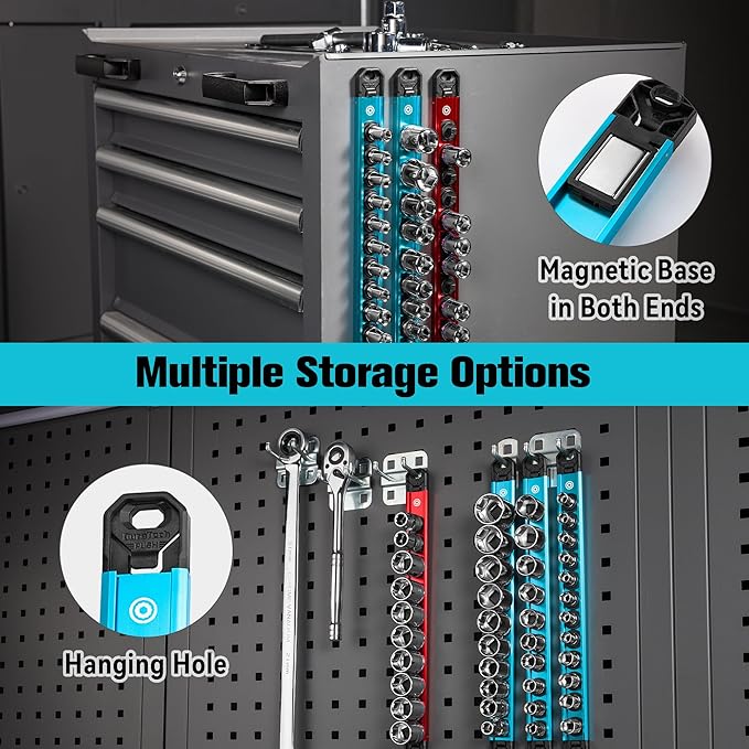 DURATECH Magnetic Socket Organizer Set, 1/4”, 3/8”, 1/2” Aluminum Alloy Socket Rail with 64 Clips, Socket Holder for Tool Box Drawer, Tool Cart and Garage Organization(6PCS)