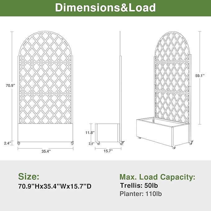 Casaphoria Metal Raised Garden Bed with Trellis and Wheels, 72"x35"x16" Arched Planter Box for Climbing Plants, Vegetables & Vines, Features Drainage Holes and Privacy Screen (Grey-Laurence)