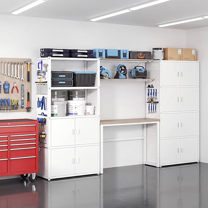 FLEXIMOUNTS Garage Storage Cabinet System, 3-in-1 Modular System with Integrated Workbench, Cabinets & Pegboard, 24-Gauge Steel, 117" L, 6-Door Cabinet for Garage Workshop, White, FLEXIMOD Series