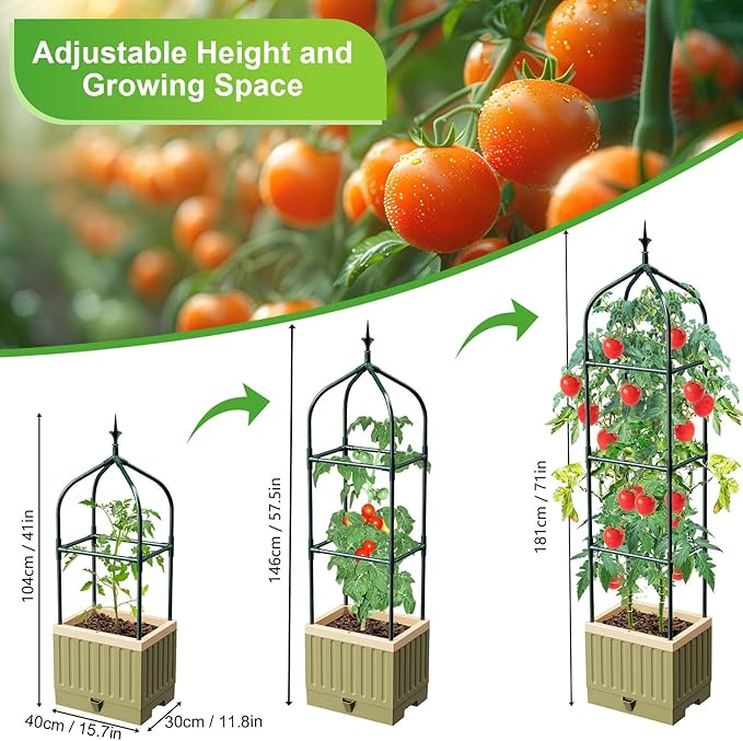 Raised Garden Bed Planter Box with Trellis, 71" Self-Watering Tomato Planter with Wheels for Climbing Vegetable and Plants, Tomato Cage Planters for Indoor Outdoor Patio Greenhouse Gardening (A)
