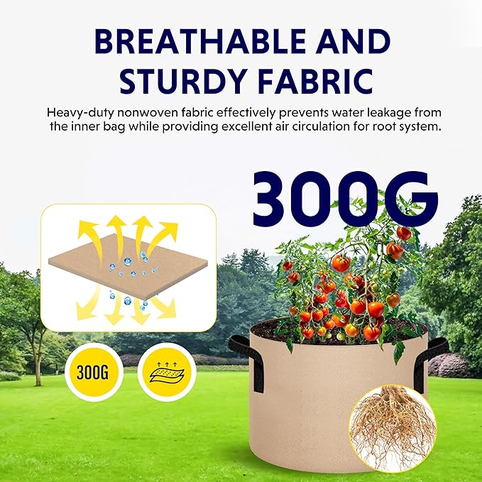 iPower 5 Pack 15 Gallon Tan Grow Bags, Garden Planting Nonwoven Fabric Pots with Reinforced Handle, Heavy Duty and Aeration Planter Pot for Tomato, Fruits, Vegetables and Flowers