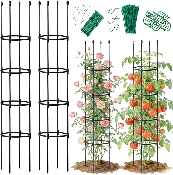 2 Pack Tomato Cages for Garden - Heavy Duty Tomato Trellis for Climbing Plants Outdoor & Indoor - 63 Inch Adjustable Tall Plant Cage & Support Garden Stakes for Pots Vegetables Flowers Fruits Vines