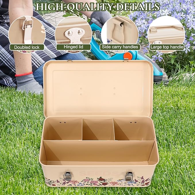 JarThenaAMCS Spring Wildflower Seeds Storage Organizer Metal Seed Saving Box 4 Dividers Vintage Floral Seed Packet with 50 Seed Kraft Envelopes 50 Blank Plant Label Stakes 1 Marker Pen for Home Garden