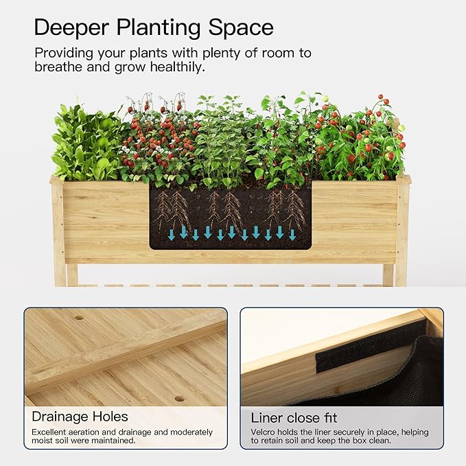 Kullavik Raised Garden Bed with Legs,Outdoor Elevated Cedar Wood Planter Box with Storage Shelf,220lb Capacity-Natural