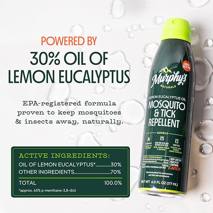 Murphy's Naturals Mosquito & Tick Bug Repellent Spray, Oil of Lemon Eucalyptus for Skin + Outdoor Gear, 6 Ounce Mist, 2-Pack