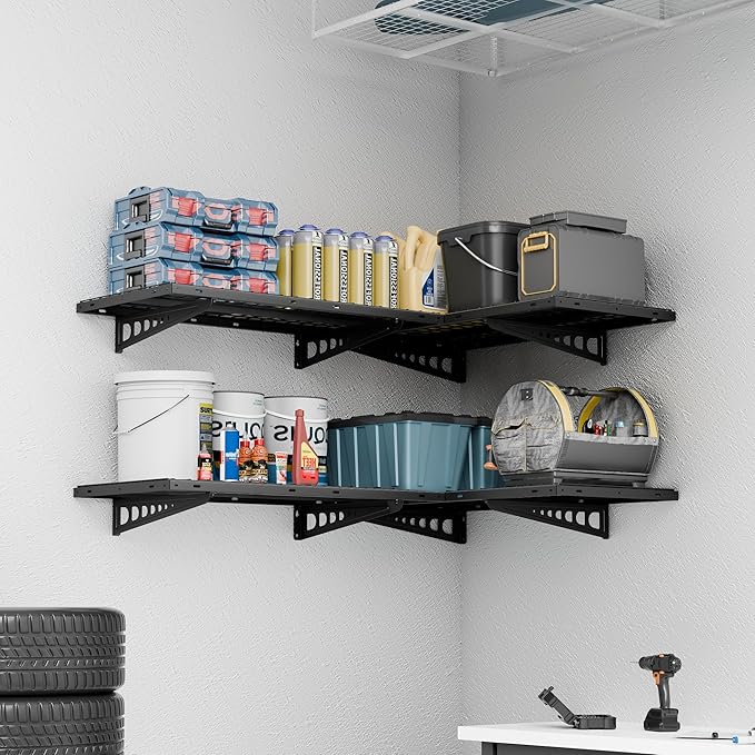 FLEXIMOUNTS 4 Pack 2x4ft Corner Wall Shelving Garage Storage Rack, 24x48 inch Floating Shelves, 1320lbs Total Weight Capacity, Black