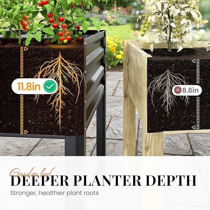 KING BIRD Large Raised Garden Bed with Legs & Storage Shelf Galvanized Elevated Planter Box for Backyard, Patio, Balcony, 400lb Capacity, Dark Grey 48×24×30 in