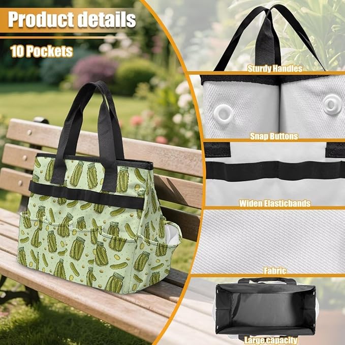 Cucumber Print Garden Tool Bag Portable Gardening Tool Organizer Bag with 10 Pockets and Handle Tool Carrier and Storage for Garden Lawn Yard Casual Camp