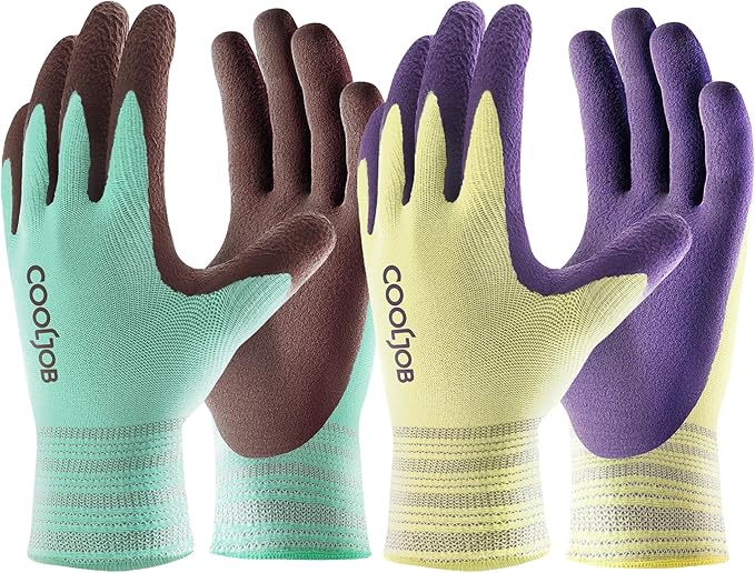 COOLJOB 2 Pairs Breathable Gardening Gloves for Women Small, Stretch Soft Modal Base with Non Slip Rubber Coating, Palm Dipped Grip Work for Gardener Worker in Lawn Yard Factory Garden