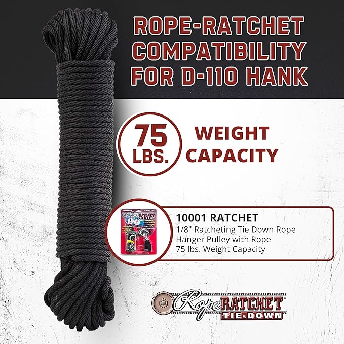 Rope Ratchet 1/8" 50 ft Braided Polyester Utility Cord, Weather Resistant Indoor Outdoor for Gardening, DIY Projects, Securing Loads, Binding, Knot Tying, Tarp Use, 75 lb Capacity - Black