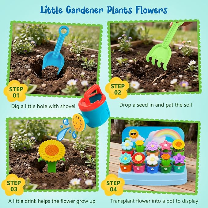 Marlrin Montessori Flower Garden Building Toy for Toddlers, Kids Gardening Set with Watering Can, Shovel, Rake, Shape & Color Sensory Toys, Toddler Outdoor Toys,Preschool Gift for Baby Girls Boys